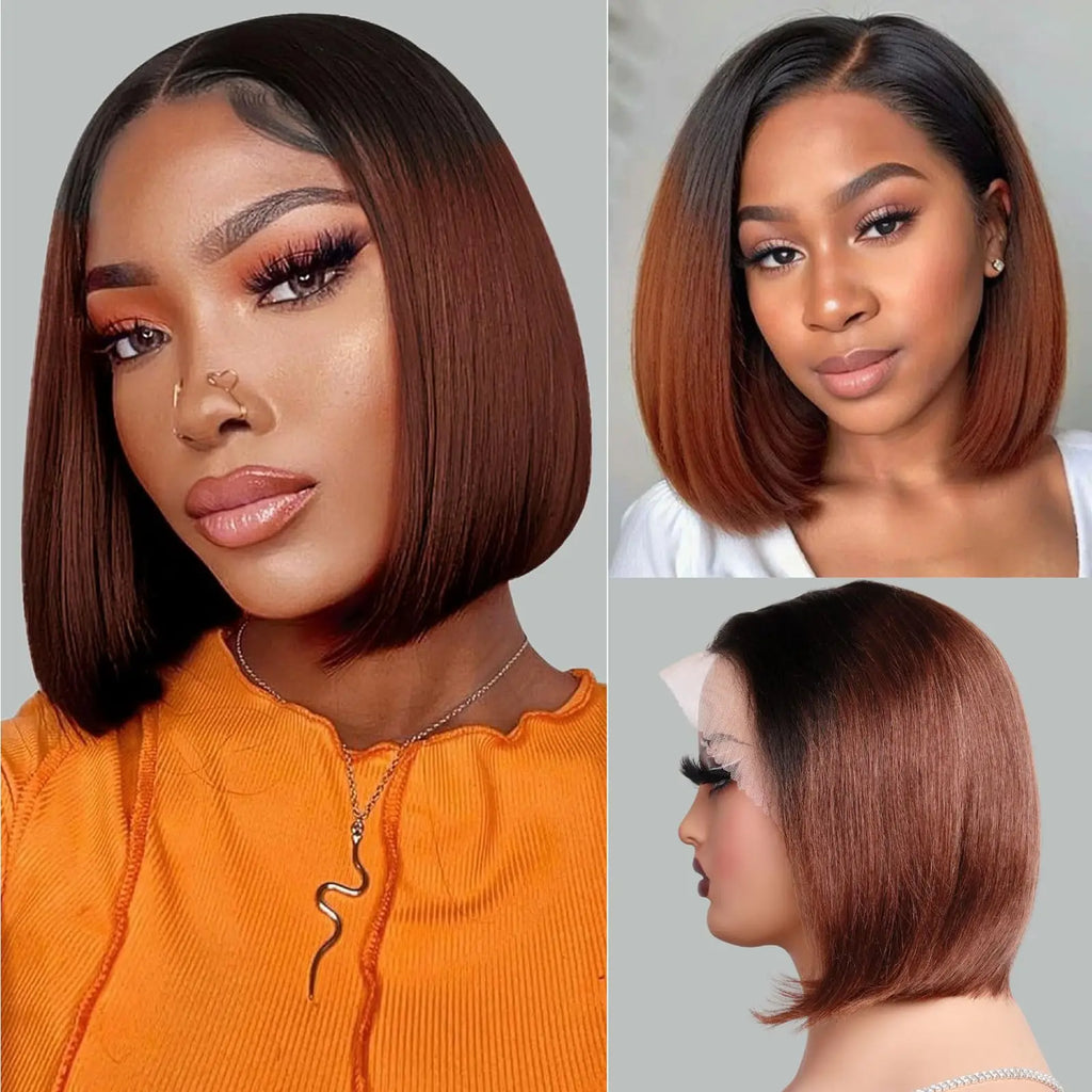 Ombre Brown 1B/4 Bob Wig Human Hair 13x4 HD Lace Front Wig for Black Woman 10 Inch Glueless Pre Plucked Short Straight Bob Wigs