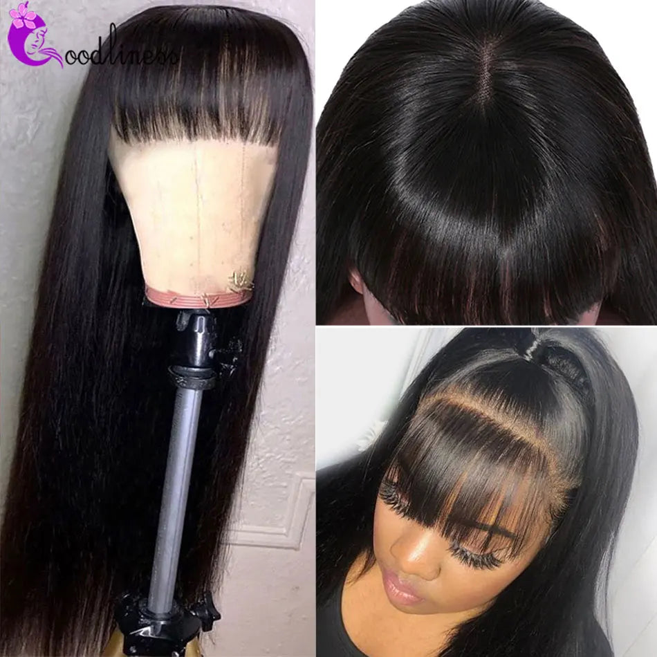 Cheap 38inch 13x6 HD Lace Front Human Hair Wigs With Bangs Raw Indian Straight 360 Full Lace Frontal Wig With Fringe For Women