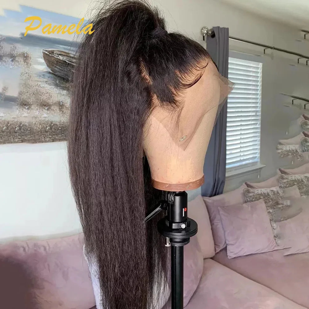 Double Texture Kinky Straight Preplucked Wigs 4x4 5x5 Lace Closure Yaki Straight Glueless Wig Human Hair Ready To Wear For Women