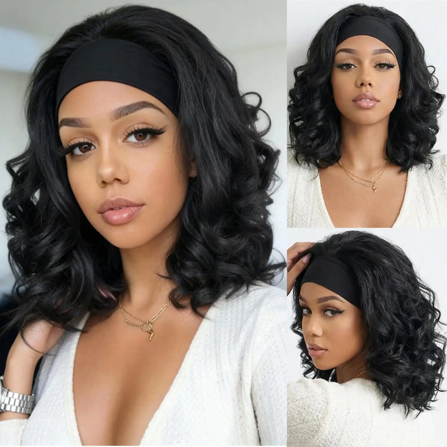 Synthetic Yaki Curly Headband Wigs for Black Women Kinky Straight Black Headband Curly Ends Wear and Go Glueless Half Wig