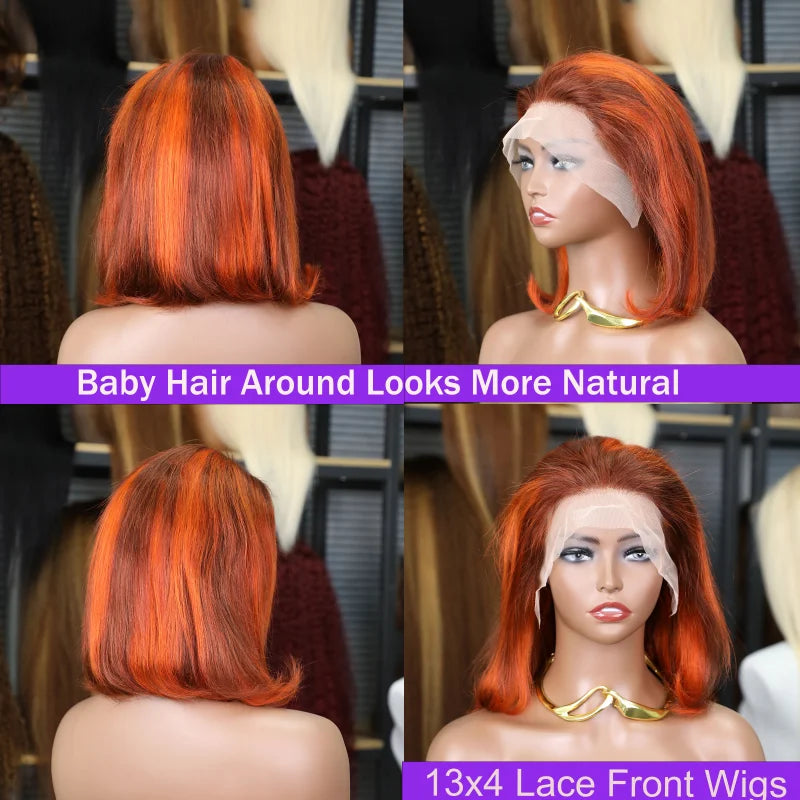 Highlight Ombre Orange Ginger Bob Wig Human Hair 16 Inch 13x4 Transparent Lace Front Wigs Short Straight Brazilian Hair Wig