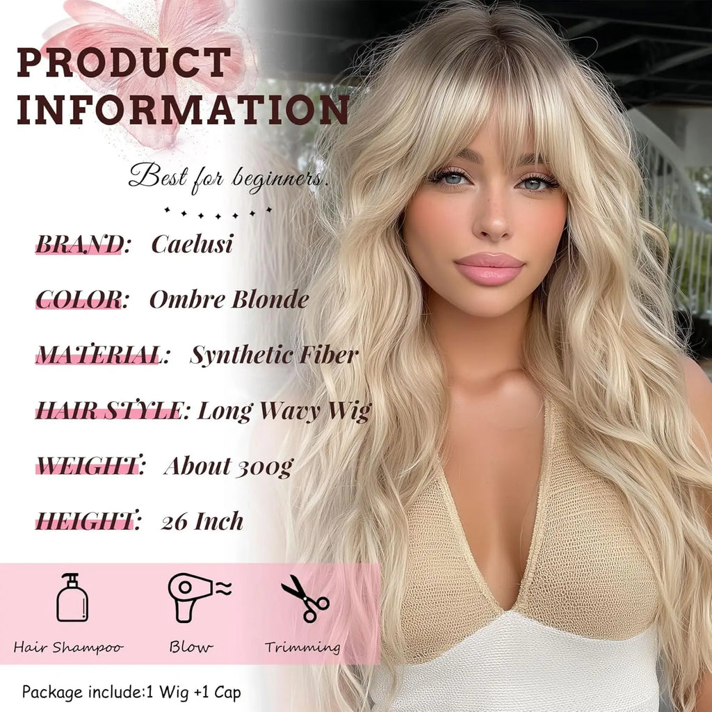 Ombre Blonde Wig with Bangs Long Wavy Wig Platinum Blonde Wigs for Women with Dark Roots Natural Synthetic Wigs Curly Hair