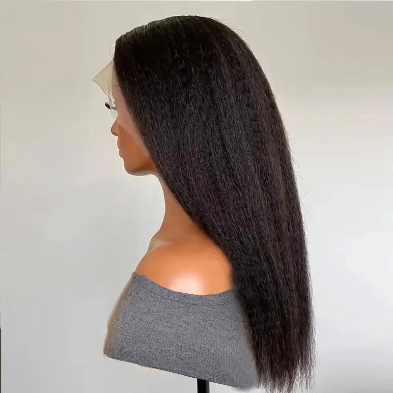 Black Yaki Lace Front Wig 30inch 180density Soft Kinky Straight Wig For Women Baby Hair Synthetic Wigs Heat Temperature Glueless