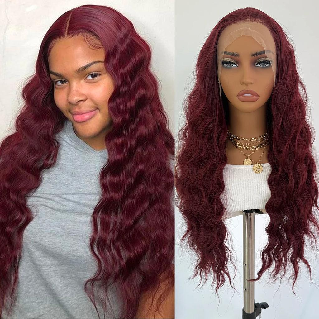 Burgundy Lace Front Wig 13x4 Natural Hairline Glueless Long Body Deep Wave Synthetic Wig for Women Daily Use Cosplay Wig