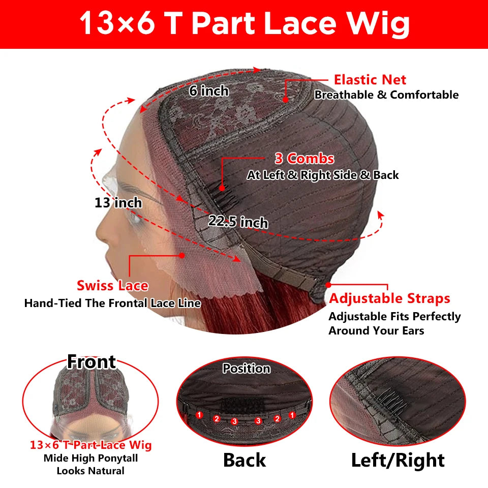 Burgundy 99J  HD Transparent Short Bob Human Hair Wigs Highlight Straight Brazilian 13x6x2 Lace Front Wig For Women Pre Plucked