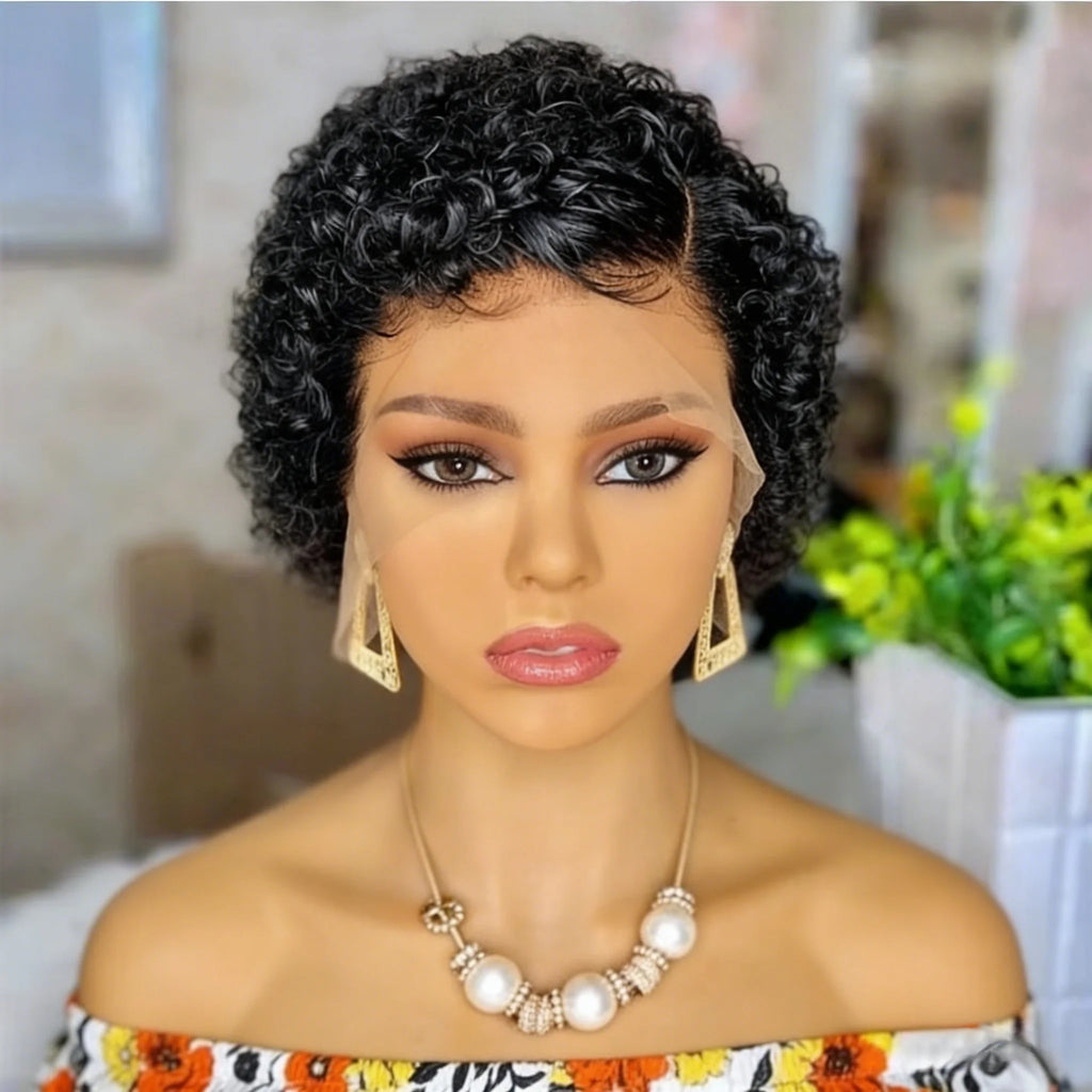 Short Curly Bob Human Hair Wig T Part Pixie Cut 13x4x1 Lace Wig for Women human hair