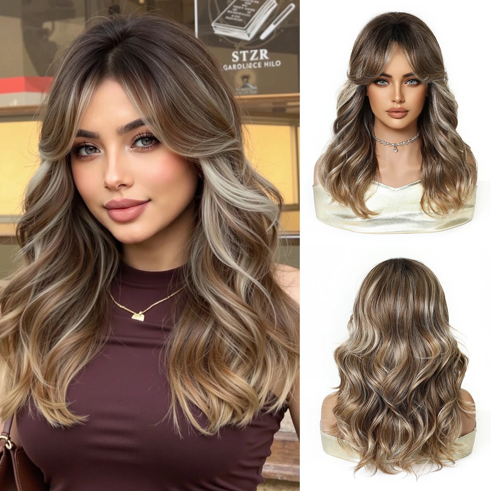 Short Wavy Wigs Black Brown Wig Shoulder Length Wave Synthetic Hair With Medium Part Bangs Daily Party for Women Heat Resistant