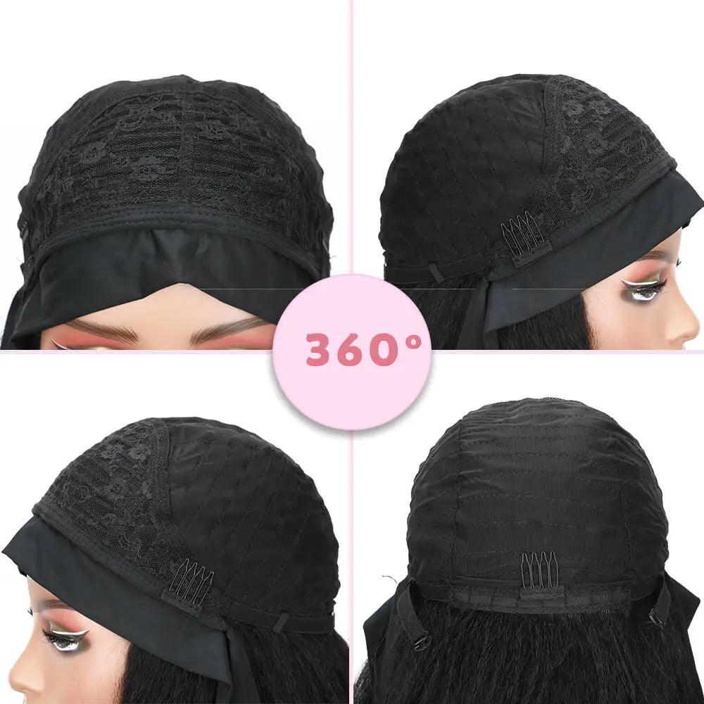 Long Kinky Straight Hair Wigs for Black Women, Synthetic Headband Wig, Hair Band Attached Half Wig, Full Machine Made, None Lace