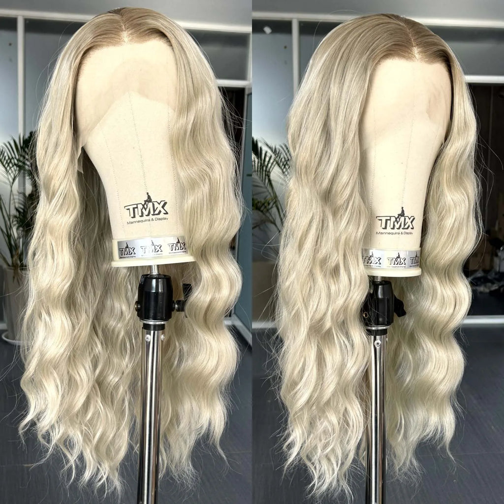 Ombre Ash Blonde Wig Long Natural Wavy Synthetic Hair Loose Curly Middle Part 13X4 Highlight Colored Wigs for Women Daily Party