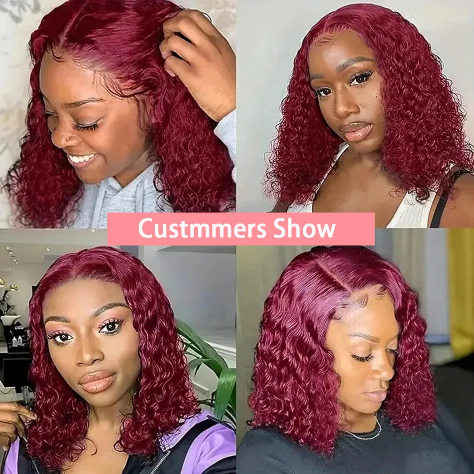 99J Burgundy Short Bob Wigs 13x4 HD Lace Front Wig Glueless Red Colored Deep Water Wave Lace Frontal Wig 100% Human Hair 14 Inch