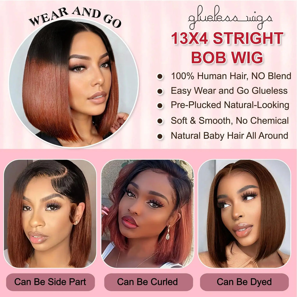 Ombre Brown 1B/4 Bob Wig Human Hair 13x4 HD Lace Front Wig for Black Woman 10 Inch Glueless Pre Plucked Short Straight Bob Wigs