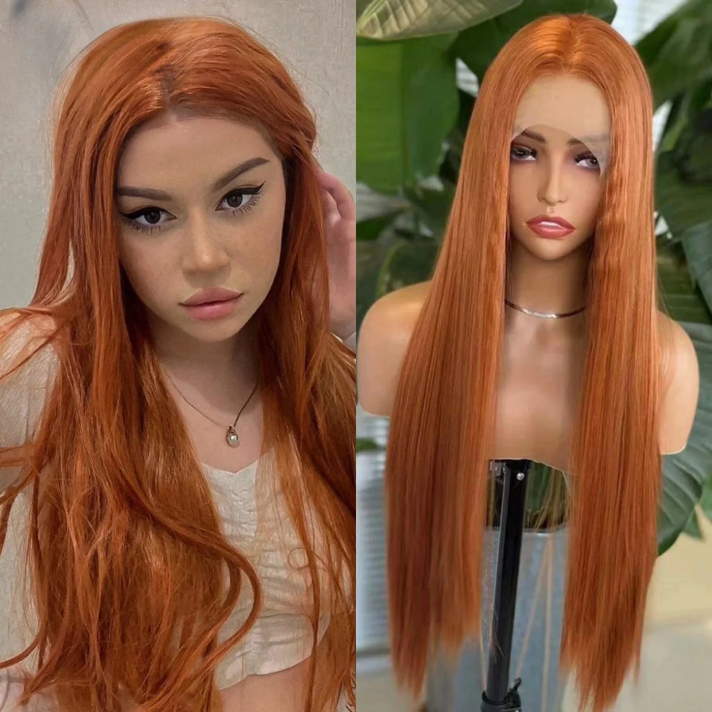 Ginger Wig Long Straight Synthetic Lace Front Wig Glueless Wigs for Women Cosplay Party Dark Orange Hair Lace Frontal Wig Auburn