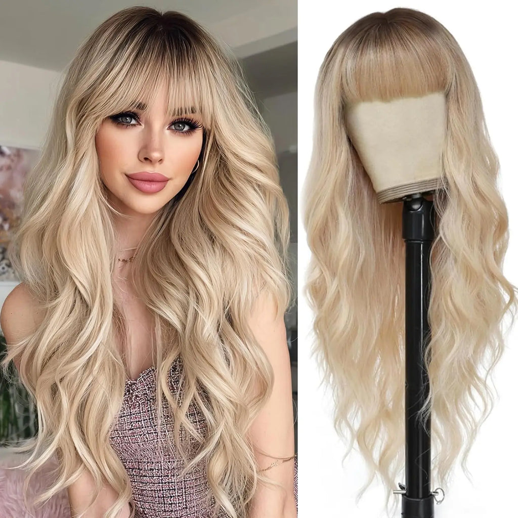 Ombre Blonde Wig with Bangs Long Wavy Wig Platinum Blonde Wigs for Women with Dark Roots Natural Synthetic Wigs Curly Hair