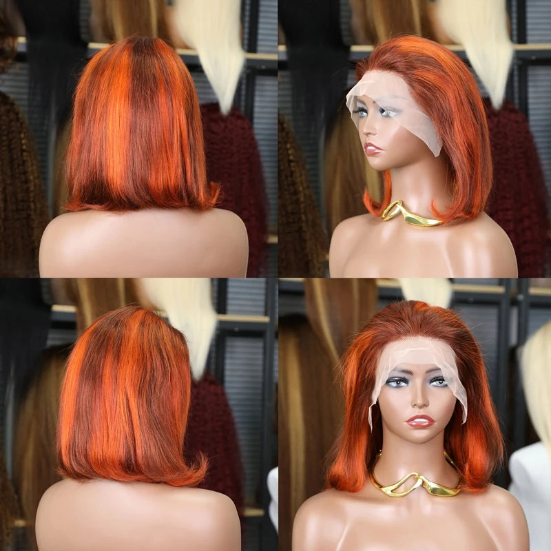 200% Density Ginger Orange Straight Short Bob Wig Silky Highlight Ginger Orange Color 13x4 Lace Frontal Wig 100% Human Hair Wigs