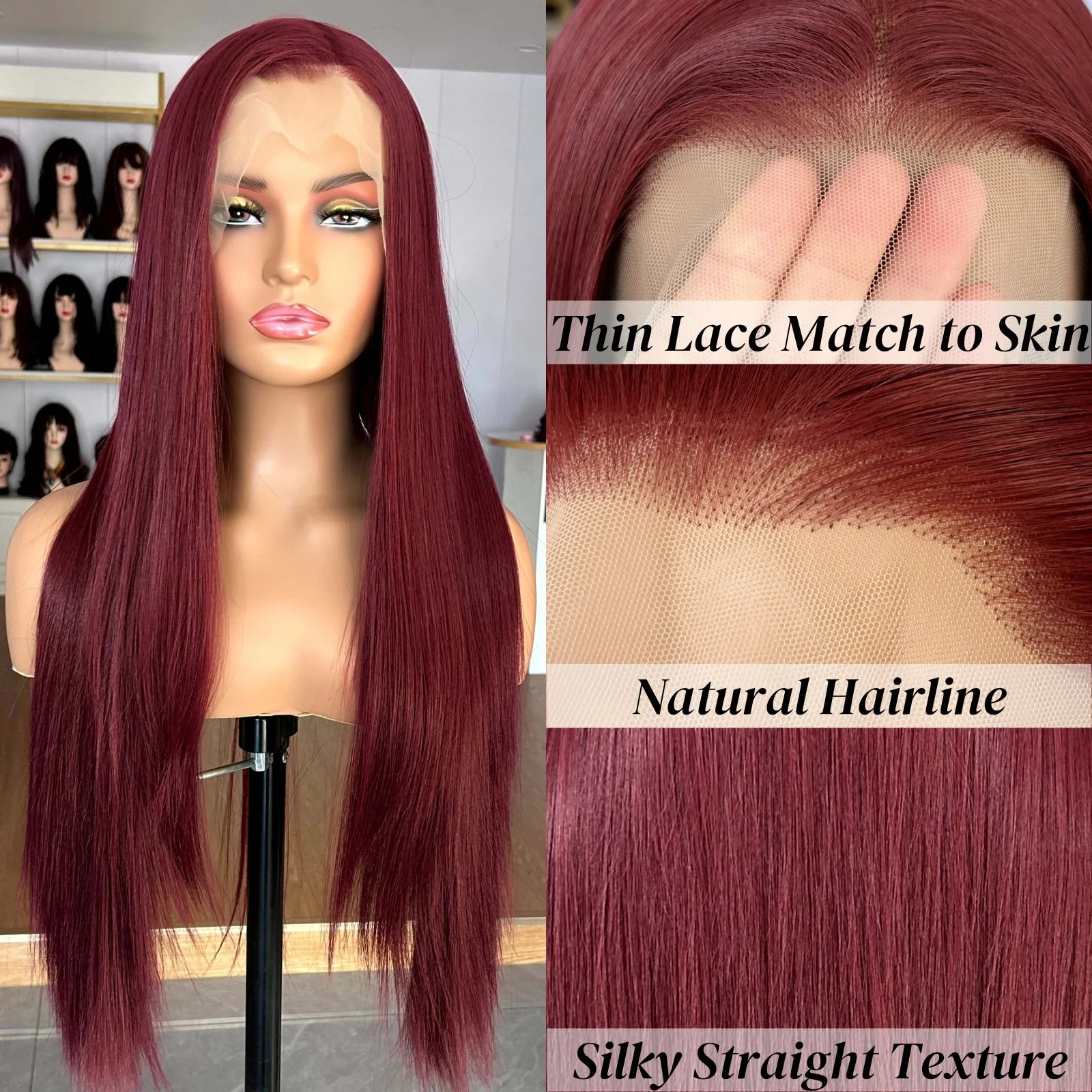 Burgundy Long Silky Straight Wig Synthetic Free Part Dark Red Natural Hair 13X4 Lace Front Wigs for Women Daily Party Cosplay