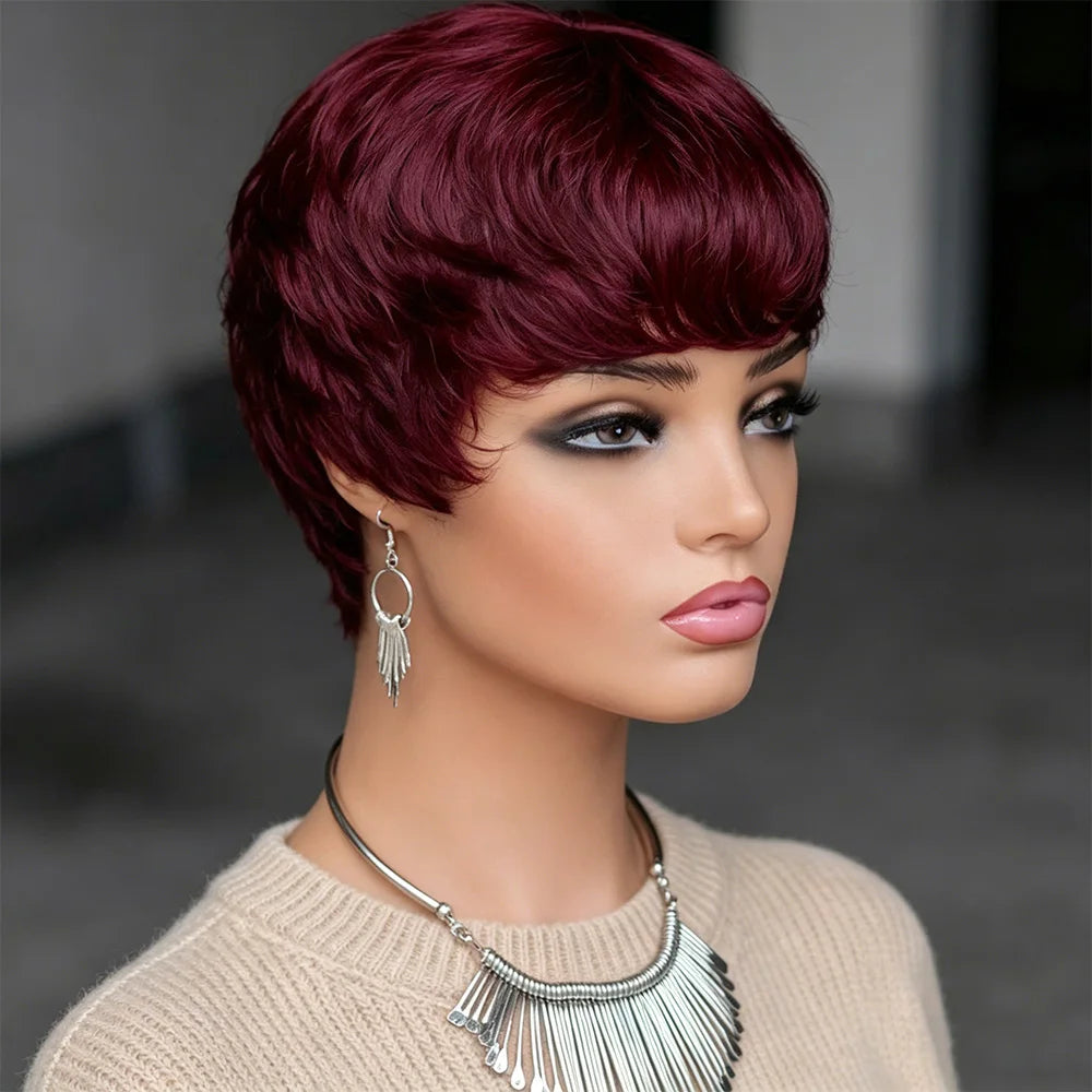 Women's Short Burgundy Red Layered Pixie Cut Human Hair Wig With Bangs Realistic Burgundy Pixie Cut Wig Full Machine Made