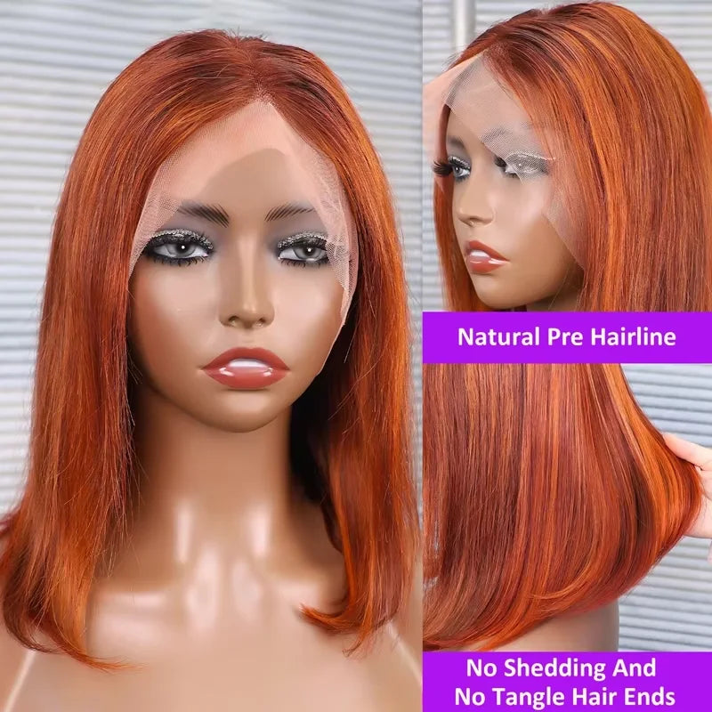 Highlight Ombre Orange Ginger Bob Wig Human Hair 16 Inch 13x4 Transparent Lace Front Wigs Short Straight Brazilian Hair Wig