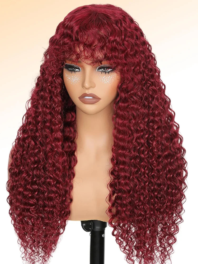 99J Burgundy Curly Wig with Bangs Human Hair Brazilian 200 Density Water Wave Wear and Go Glueless Red Colored Wigs For Women