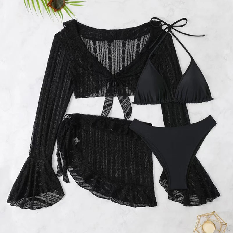2026 Sexy Four-piece Women Swimsuit Long-sleeve Cover-up Swimwear Summer Solid Bikini Set Brazilian Beachwear Party bathing suit
