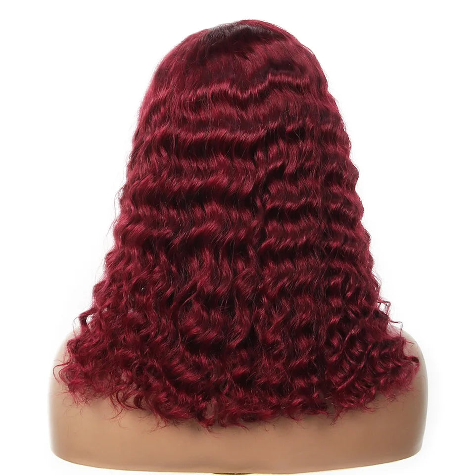 99j Burgundy Deep Bob Wig Human Hair Short Curly Wave 180% Density 13x4 Lace Front Wigs 4x4 T Part Lace Closure Wigs Brazilian