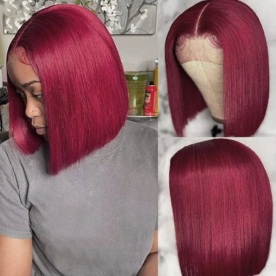 Burgundy 99J  HD Transparent Short Bob Human Hair Wigs Highlight Straight Brazilian 13x6x2 Lace Front Wig For Women Pre Plucked