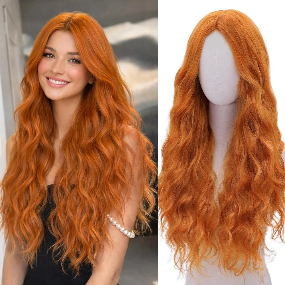 26 Inch Long Wavy Wig Ginger Orange Wigs for Women Synthetic Heat Resistant Wig And Natural Looking for Daily Party Cosplay Use
