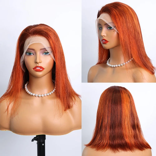 200% Density Ginger Orange Straight Short Bob Wig Silky Highlight Ginger Orange Color 13x4 Lace Frontal Wig 100% Human Hair Wigs