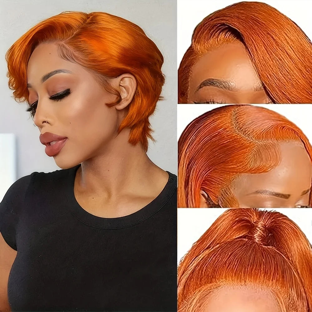 8 inches Ginger orange 13x4 Transparent Lace Front Wigs For Women Pixie Cut Staright Human Hair Wig Short Bob Wig 180% Density
