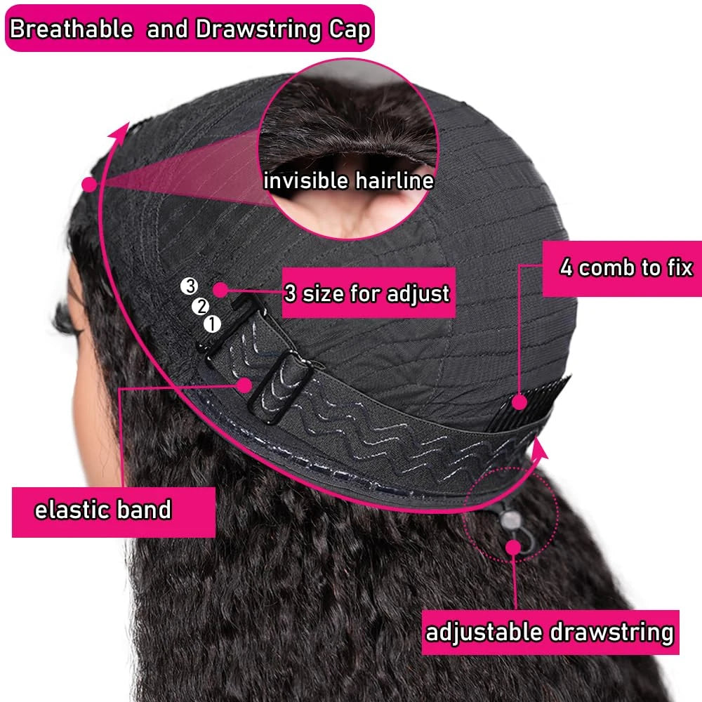 Kinky Straight 3 IN 1 Half Wigs Human Hair 250 Density Wig Vietnamese Human Hair Glueless Wig Drawstring Yaki Hair Half Wigs