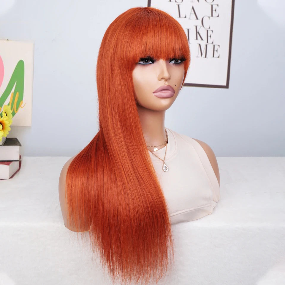 Lekker Ginger Orange 100% Human Hair Wigs Long Straight With Bangs For Women Brazilian Remy Hair Colored Cosplay Summer Wigs