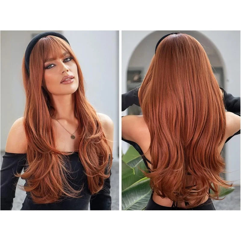 Copper Ginger Wigs With Bangs Auburn Long Natural Straight Layered Synthetic Hair For Women Dark Red Brown Realistic Wig 26 Inch