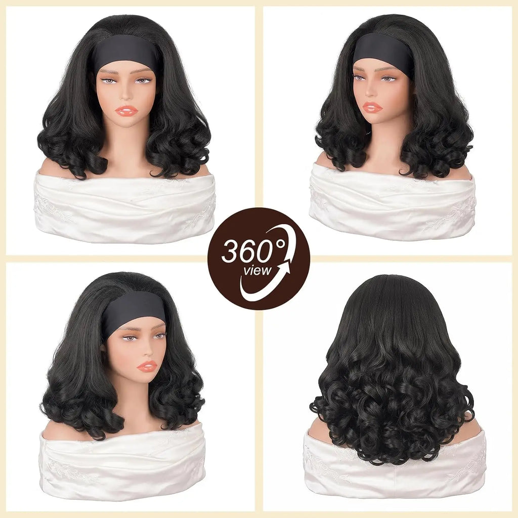 16 Inch Yaki Curly Headband Wig for Black Women Kinky Straight Synthetic Hair with Curly Ends Glueless Wear And Go Half Wig