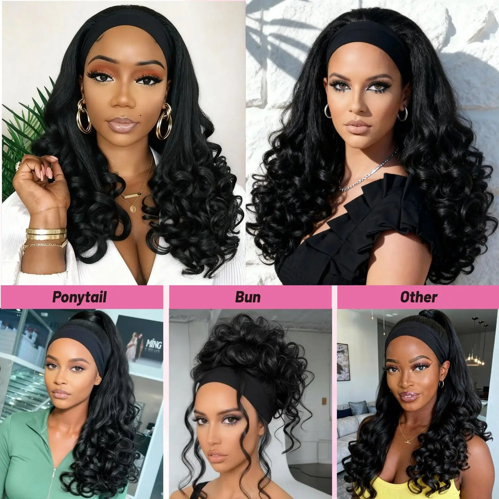 Synthetic Yaki Curly Headband Wigs for Black Women Kinky Straight Black Headband Curly Ends Wear and Go Glueless Half Wig