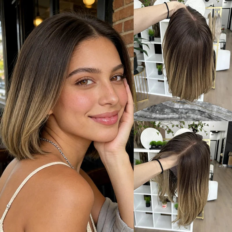 2026 Ombre Honey Blond Wig Rooted Short Bob Lace Wig Premium Synthetic Futura Heat Safe Transparent Lace Frontal Wigs for Women