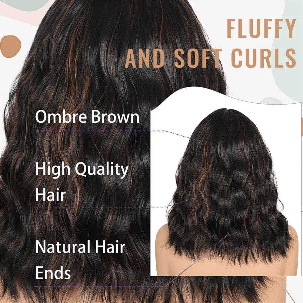 Short Bob Wavy Wigs for Women 14' brownblack Brownis with Bangs Synthetic Natural Color Hair for Halloween& Cosplay and Daily