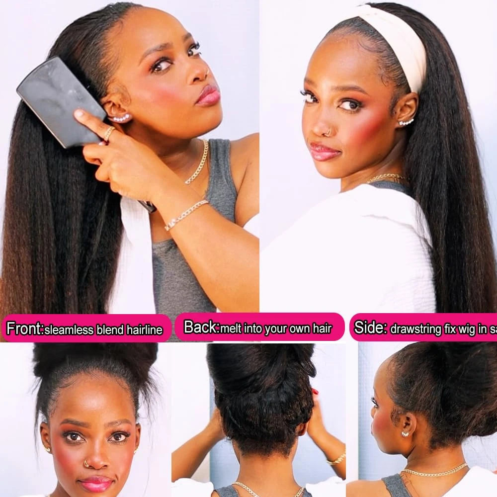 Kinky Straight 3 IN 1 Half Wigs Human Hair 250 Density Wig Vietnamese Human Hair Glueless Wig Drawstring Yaki Hair Half Wigs