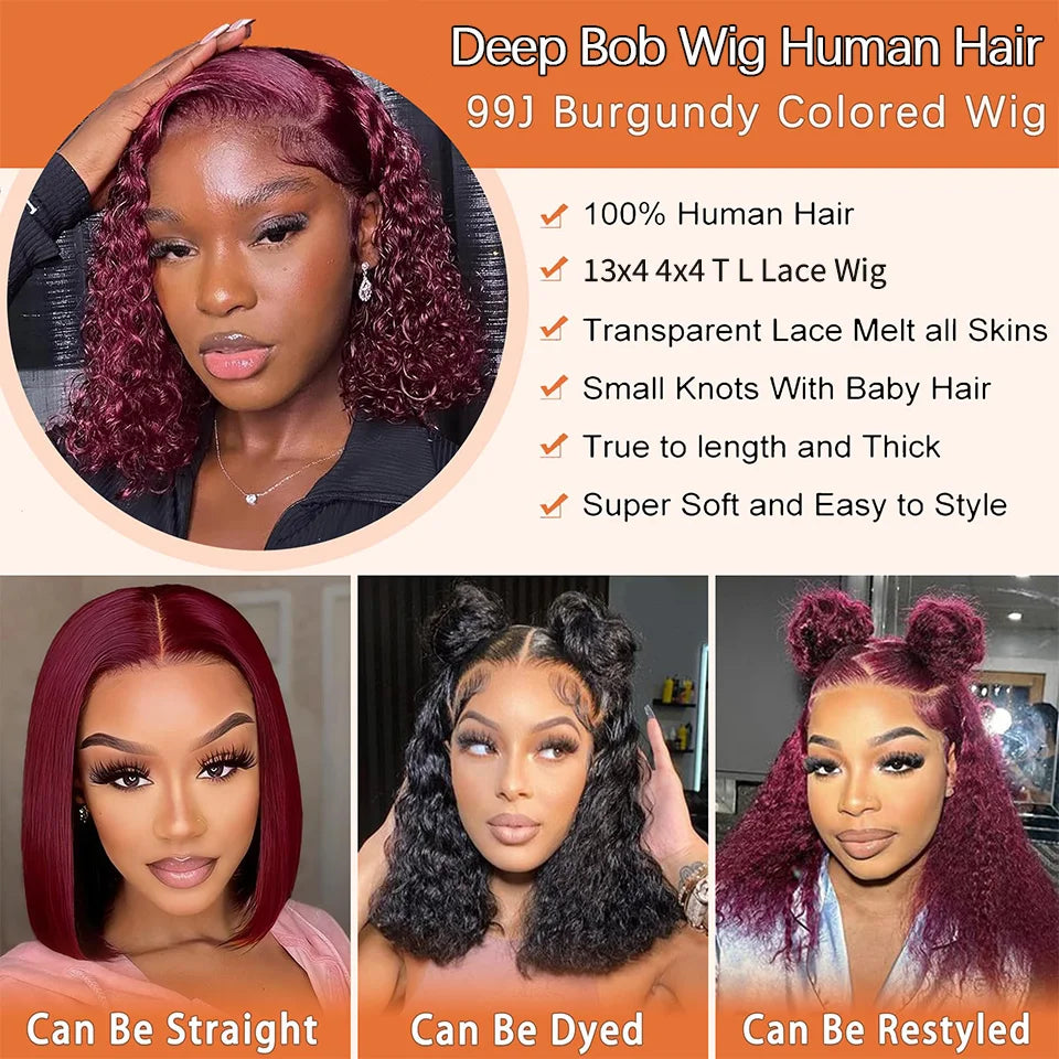 99j Burgundy Deep Bob Wig Human Hair Short Curly Wave 180% Density 13x4 Lace Front Wigs 4x4 T Part Lace Closure Wigs Brazilian