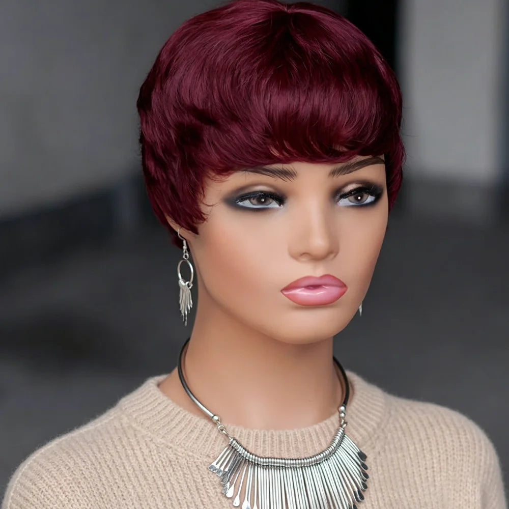 Women's Short Burgundy Red Layered Pixie Cut Human Hair Wig With Bangs Realistic Burgundy Pixie Cut Wig Full Machine Made