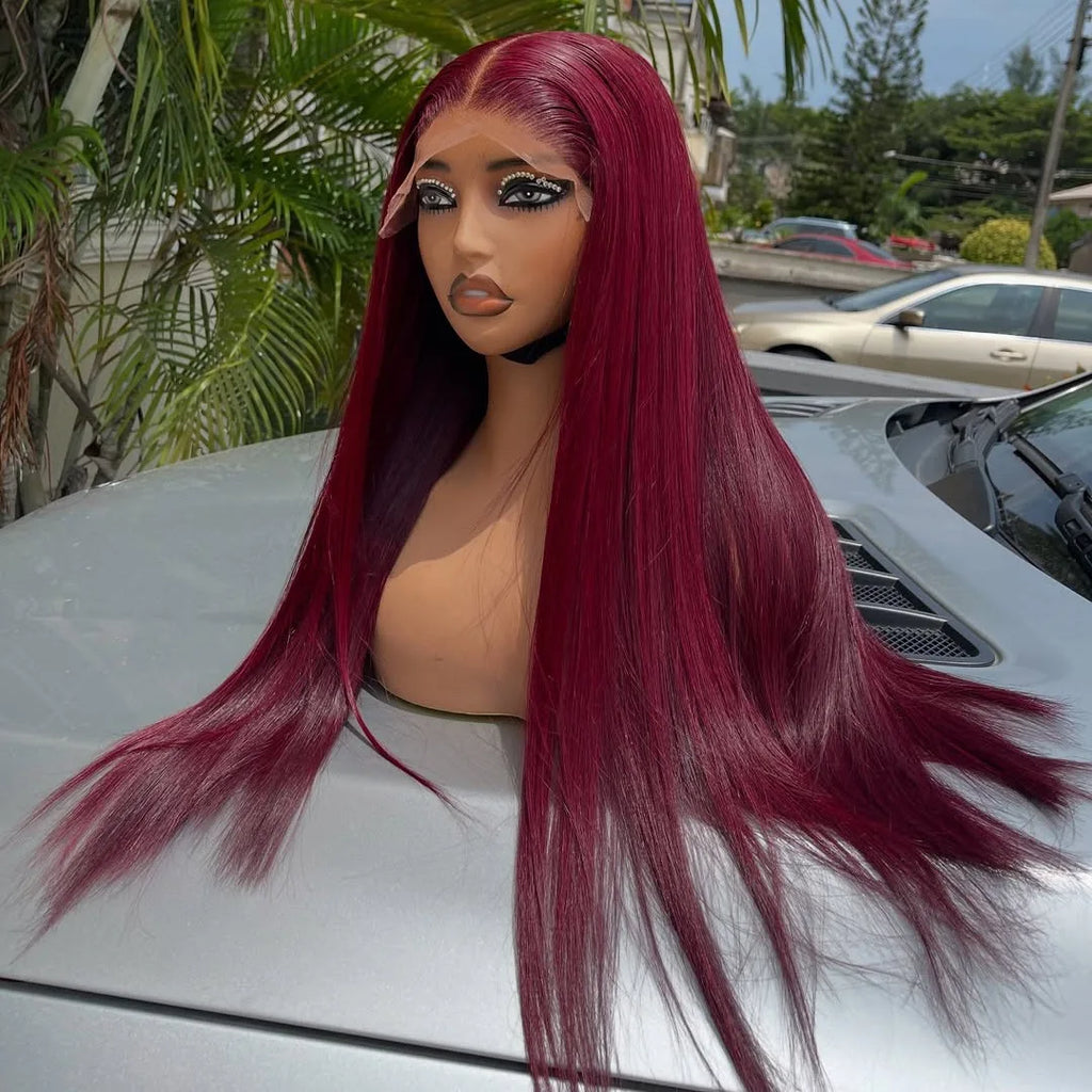 99J Red Burgundy Color Straight 13X4X1 HD Full Lace Frontal Wigs For Women Preplucked With Baby Hair Heat Resistant Fiber  Soft