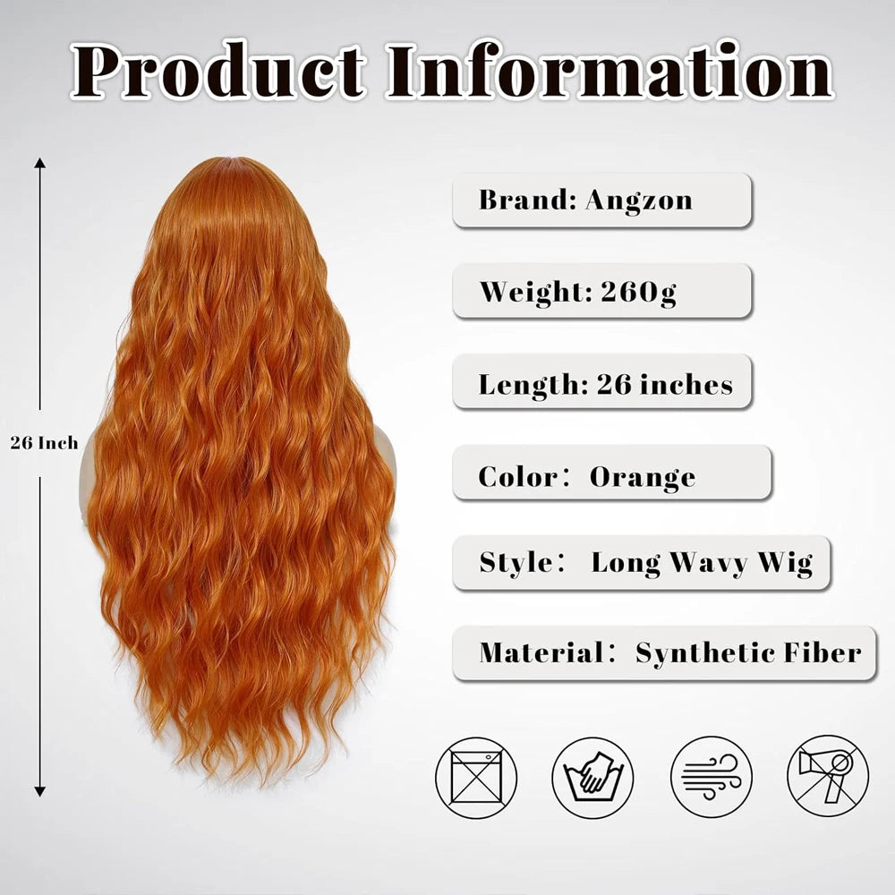26 Inch Long Wavy Wig Ginger Orange Wigs for Women Synthetic Heat Resistant Wig And Natural Looking for Daily Party Cosplay Use