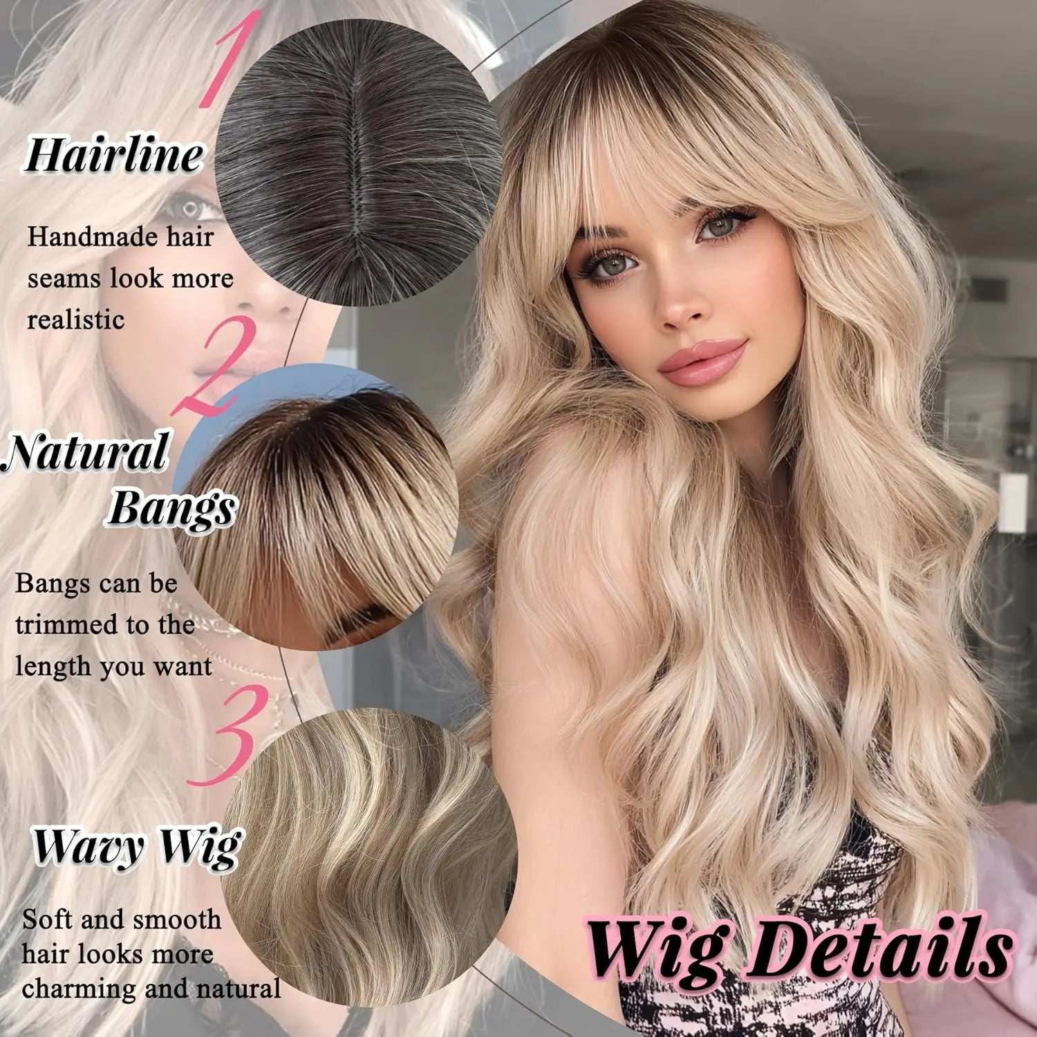 Ombre Blonde Wig with Bangs Long Wavy Wig Platinum Blonde Wigs for Women with Dark Roots Natural Synthetic Wigs Curly Hair