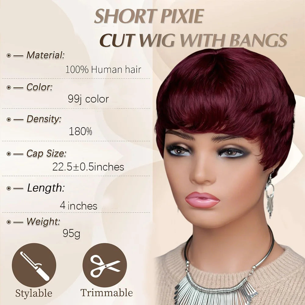 Women's Short Burgundy Red Layered Pixie Cut Human Hair Wig With Bangs Realistic Burgundy Pixie Cut Wig Full Machine Made