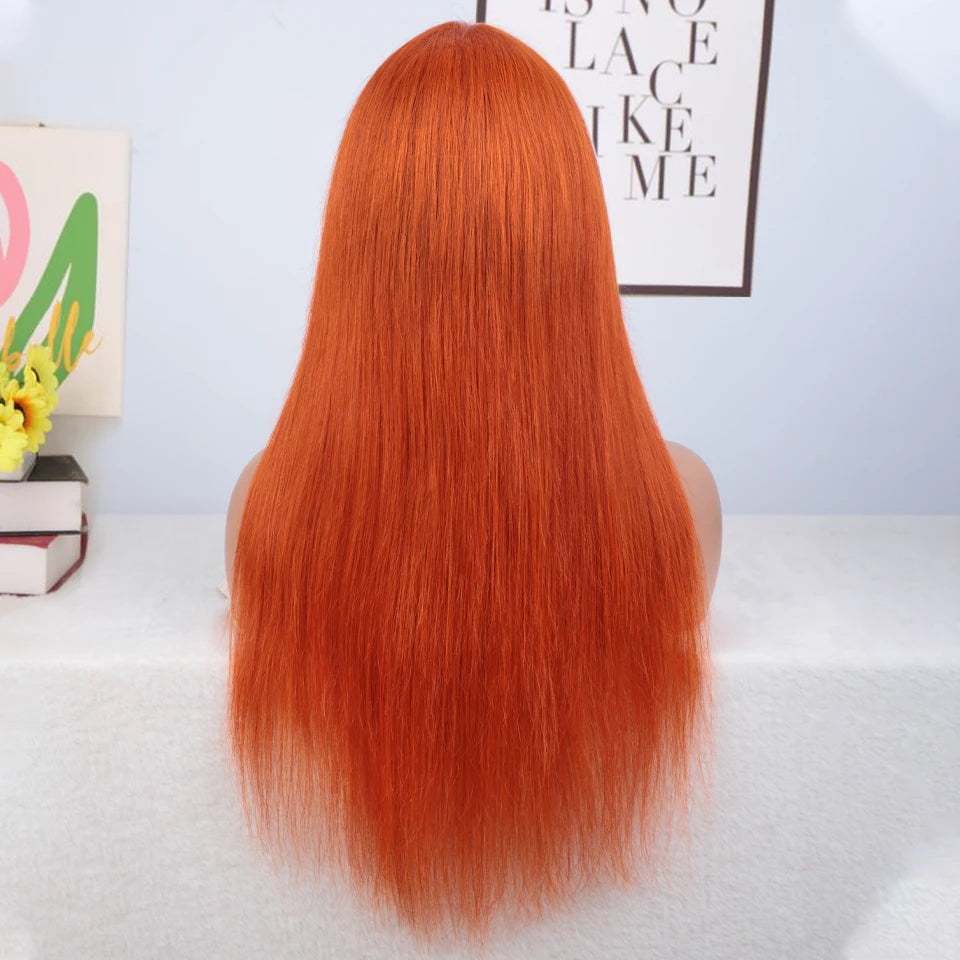 Lekker Ginger Orange 100% Human Hair Wigs Long Straight With Bangs For Women Brazilian Remy Hair Colored Cosplay Summer Wigs
