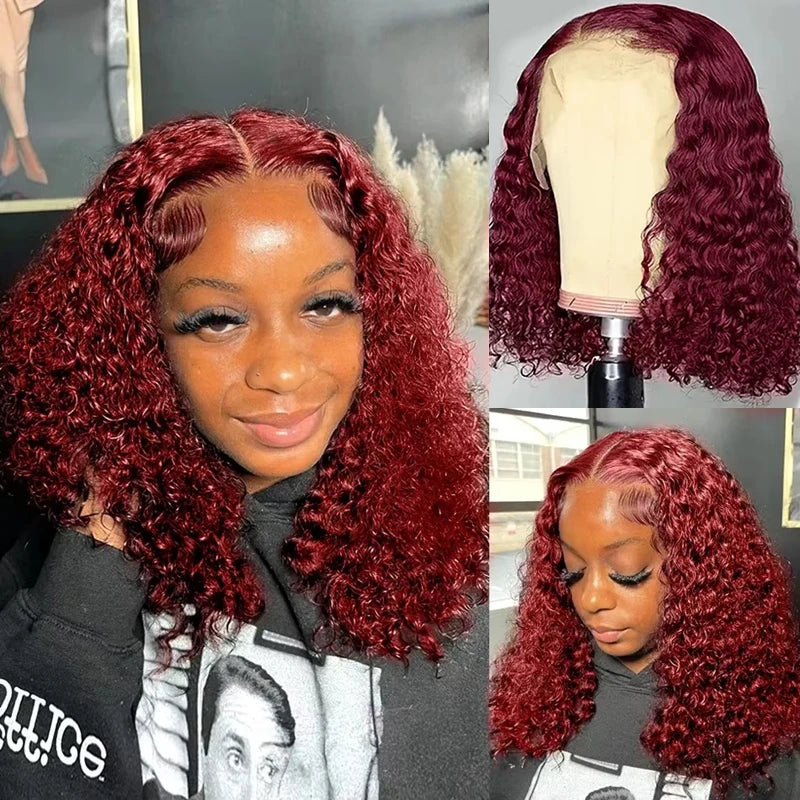 Burgundy Deep Wave 13x4 Lace Frontal Bob Wig 200% Density 99J Colored Remy Water Wave Frontal Human Hair Wigs Pre Plucked Wigs