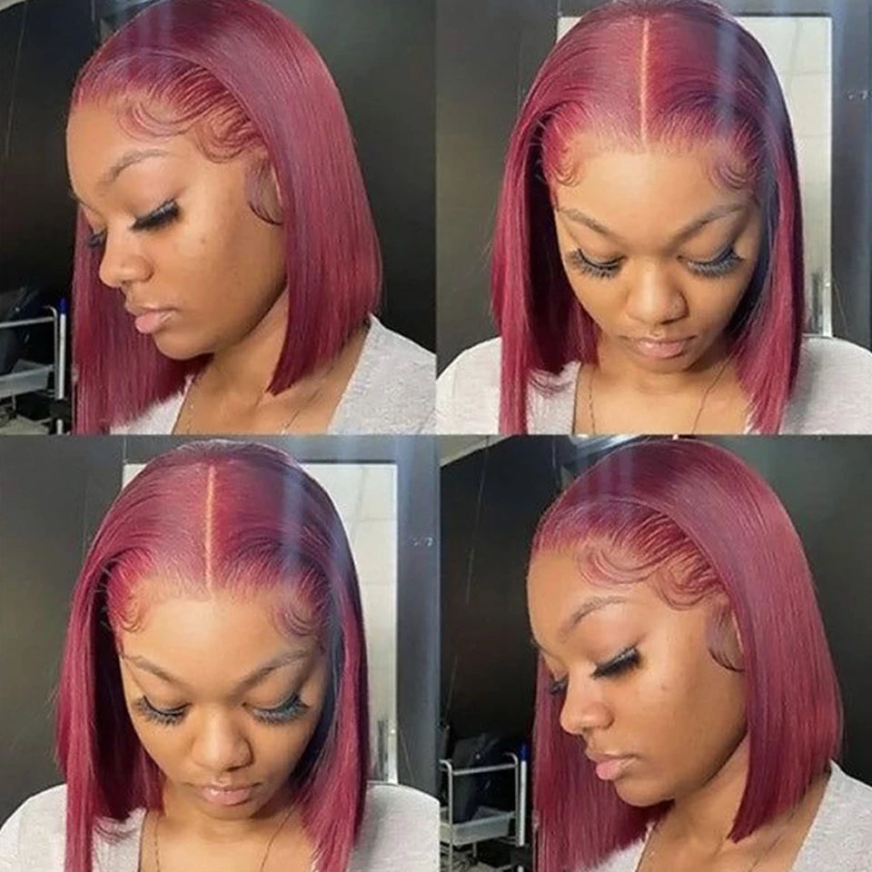 Burgundy 99J  HD Transparent Short Bob Human Hair Wigs Highlight Straight Brazilian 13x6x2 Lace Front Wig For Women Pre Plucked