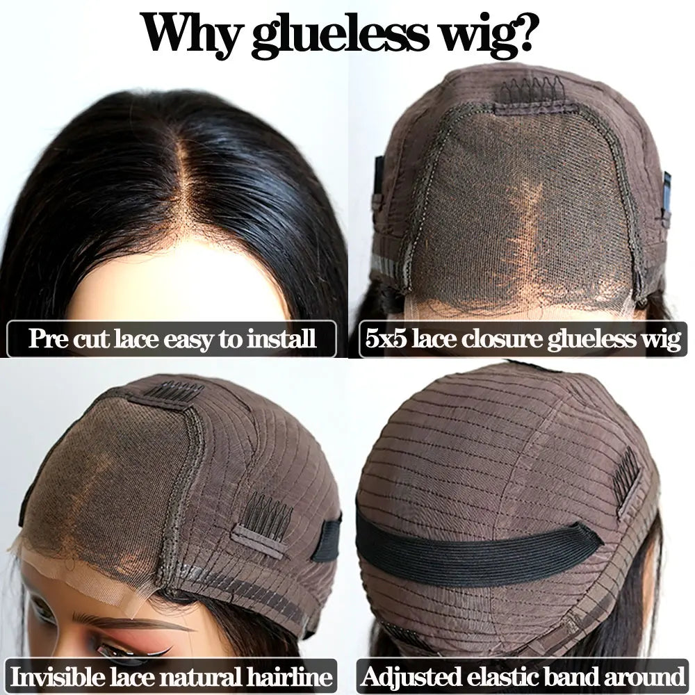 Double Texture Kinky Straight Preplucked Wigs 4x4 5x5 Lace Closure Yaki Straight Glueless Wig Human Hair Ready To Wear For Women