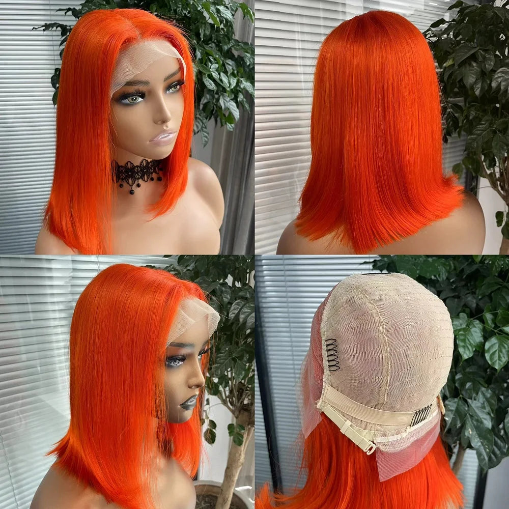 Orange Bob Wig Human Hair 13x4 Lace Front Wig 180% Density Short Straight Frontal Bob Wig Transparent Lace 350 Color Wig Ginger