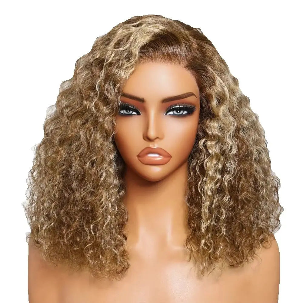 Klaiyi Hair Blonde Highlight Curly Bob Wig 180% Density 7x5 Lace Pre Cut Pre Bleached Glueless 100% Human Hair Ready To Wear