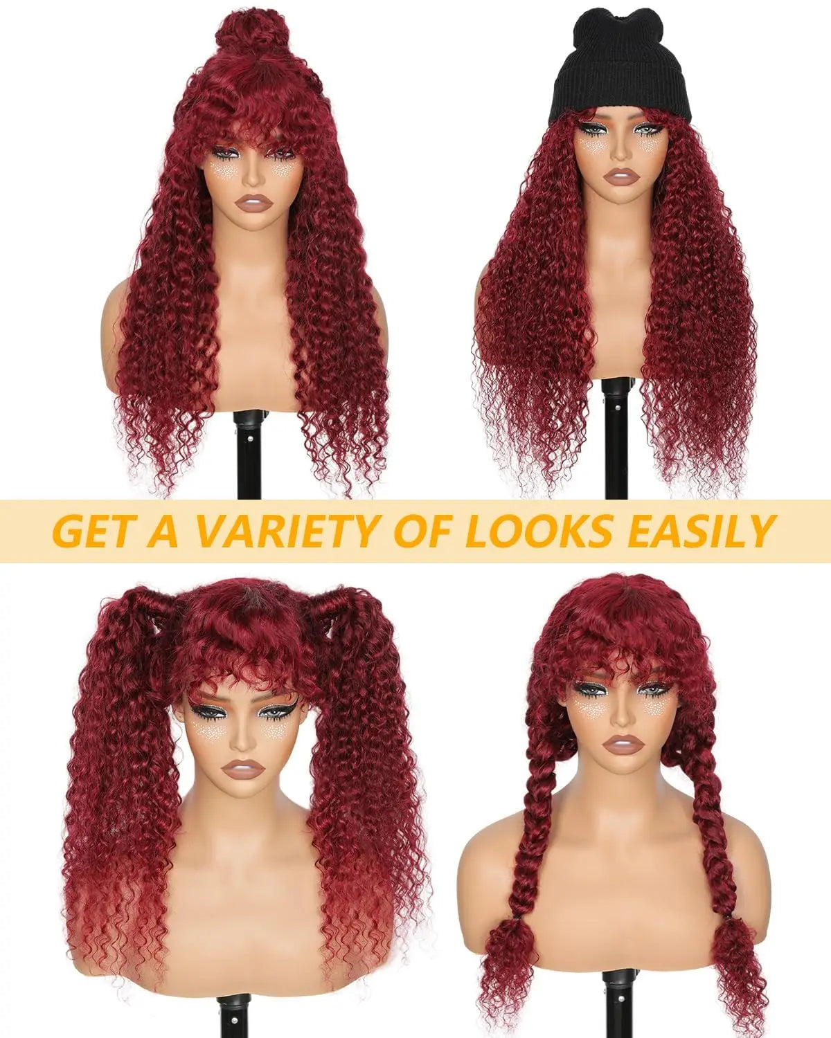 99J Burgundy Curly Wig with Bangs Human Hair Brazilian 200 Density Water Wave Wear and Go Glueless Red Colored Wigs For Women