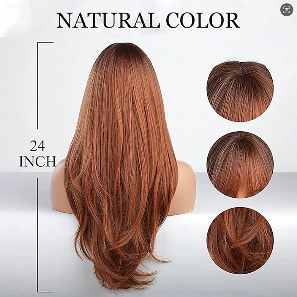 HAIRJOY  Synthetic Hair  Long Wavy Ginger Wig with Bangs  Wigs for Women Heat Resistant Synthetic Fiber for Daily Party Use